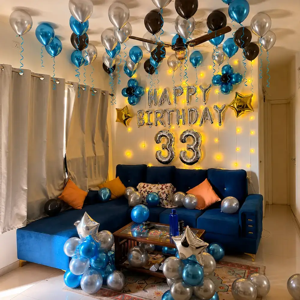 Elegant Blue Silver Birthday Decoration with happy birthday foil — photo 2