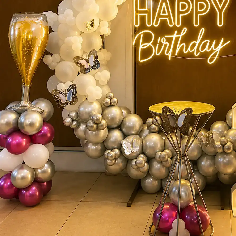 Elegant Butterfly Birthday Balloon Decoration with ring backdrop with happy birthday neon light — photo 3