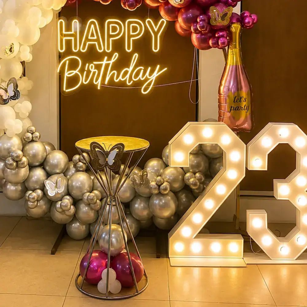 Elegant Butterfly Birthday Balloon Decoration with ring backdrop with happy birthday neon light — photo 2
