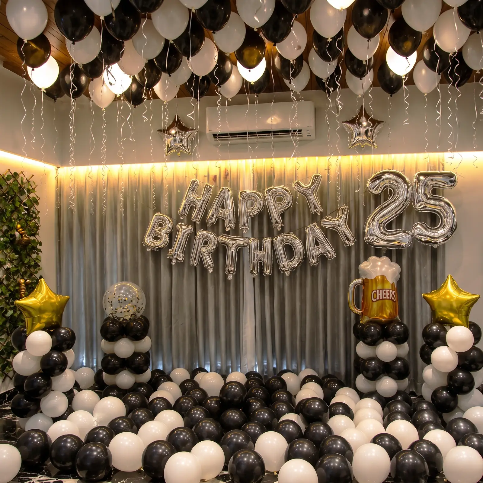 Balloon House Party Birthday decoration with 80 balloons on ceiling with ribbons — photo 2
