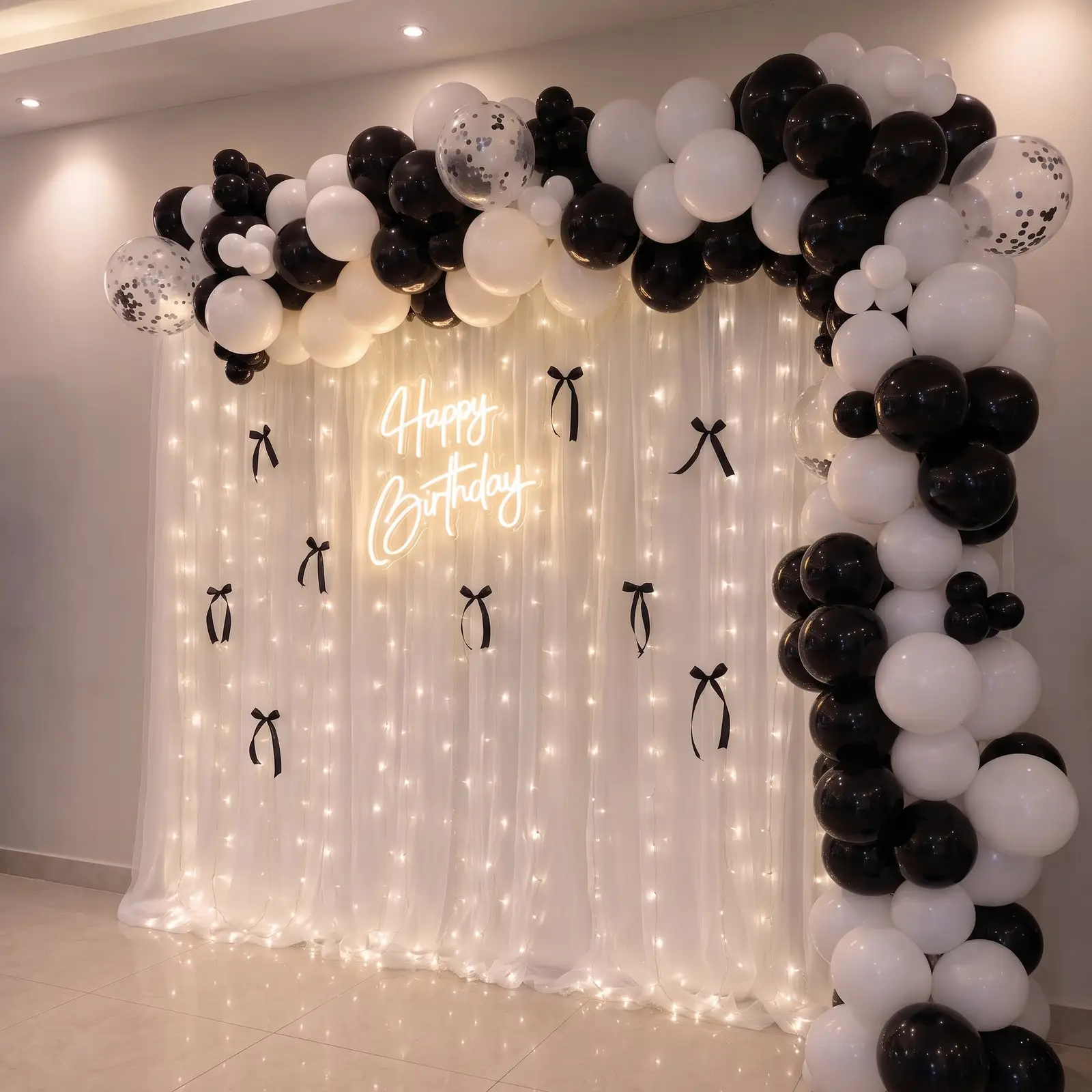 Elegant Black & White Bow Balloon Setup Birthday decoration with 180 balloons for arch decoration — photo 3