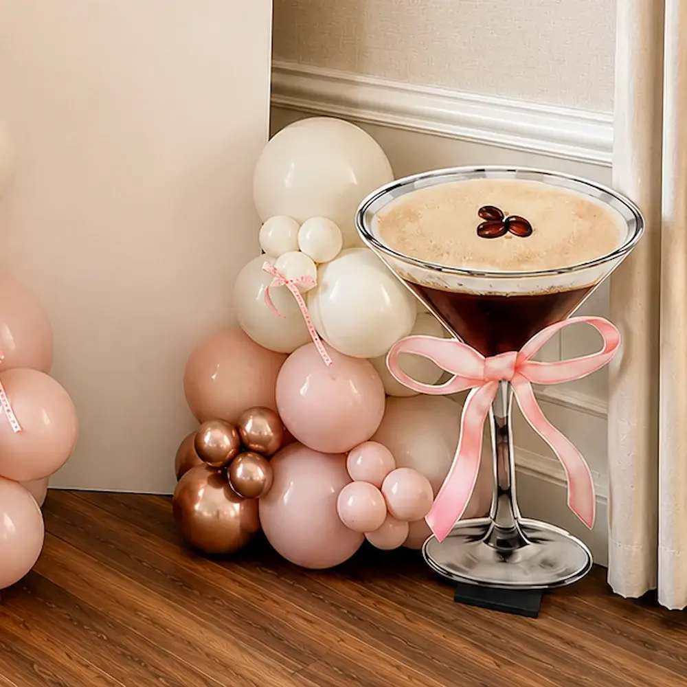 Peach and Rose Gold Balloon Decoration for Birthday with customized backdrop on stand — photo 3