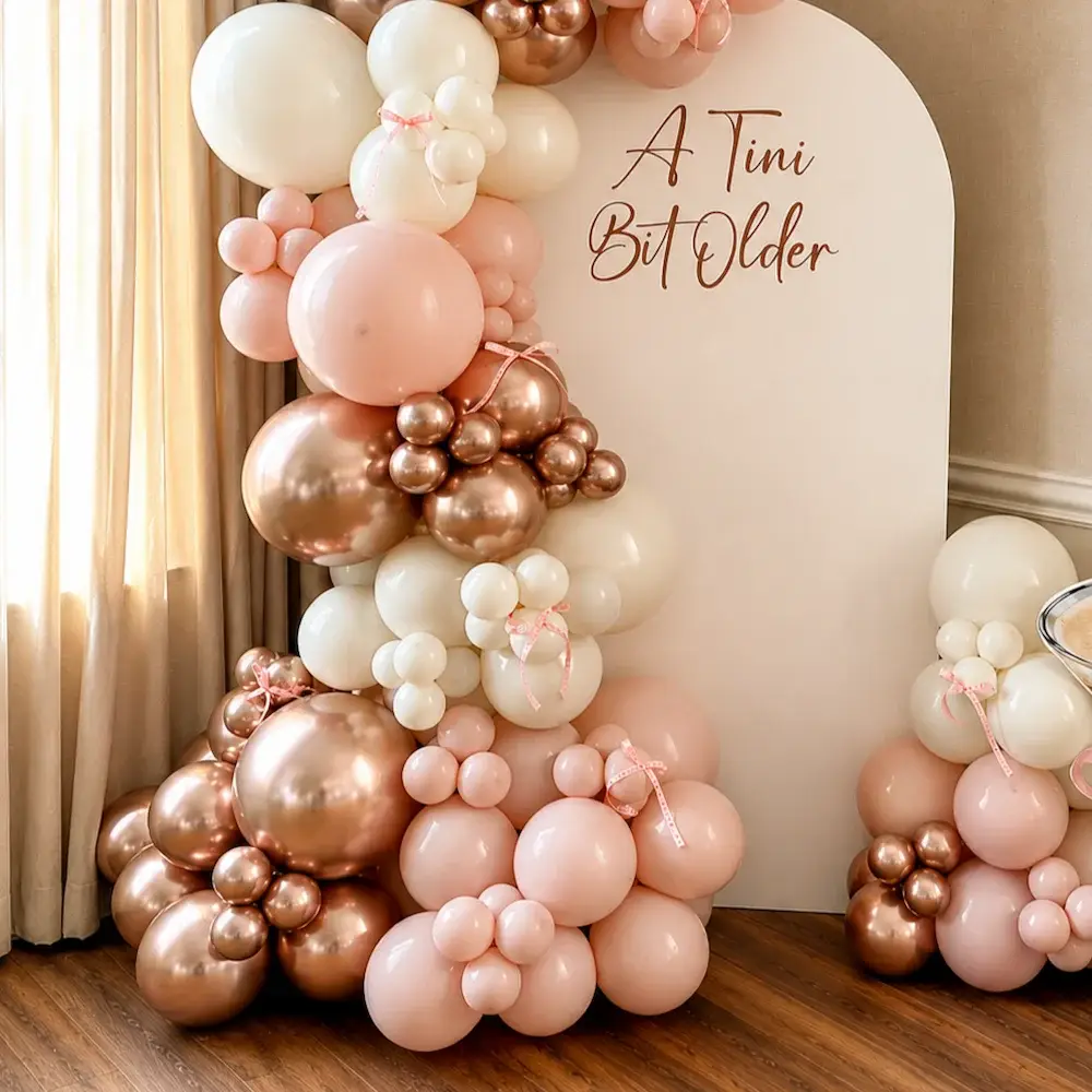 Peach and Rose Gold Balloon Decoration for Birthday with customized backdrop on stand — photo 2