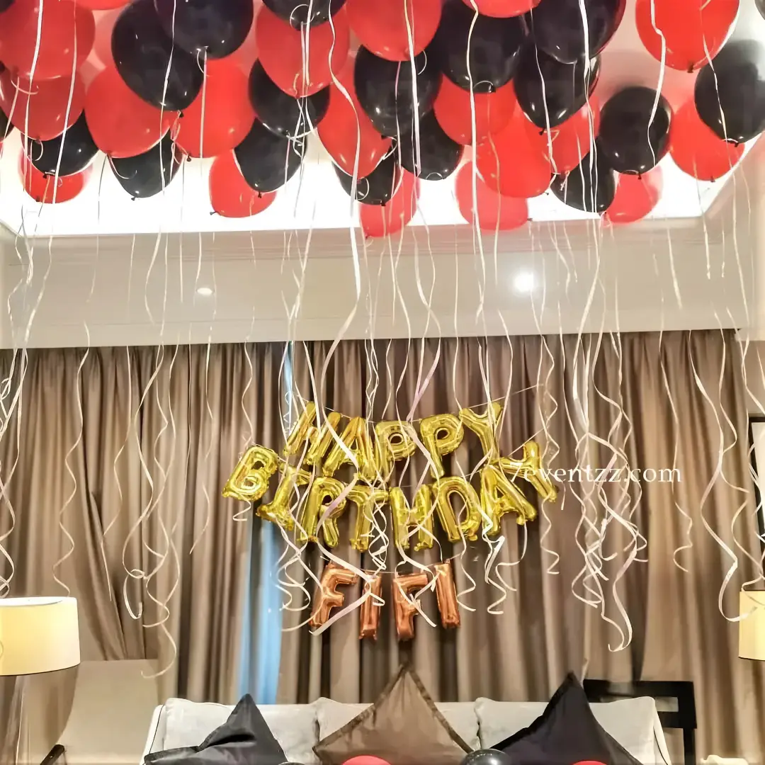 Red Black Theme Balloon Decor for Birthday with 50 balloons on ceiling with frill ribbons — photo 2