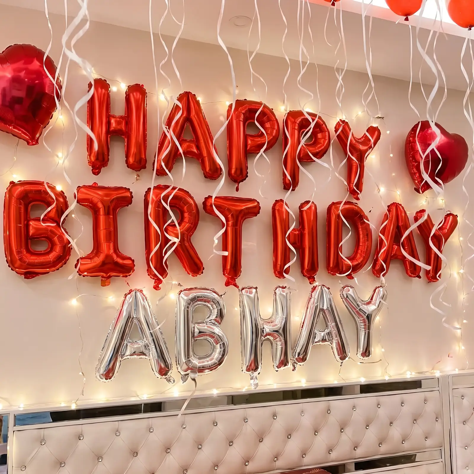 Red White Balloon Theme Room decoration with happy birthday letter foil — photo 2