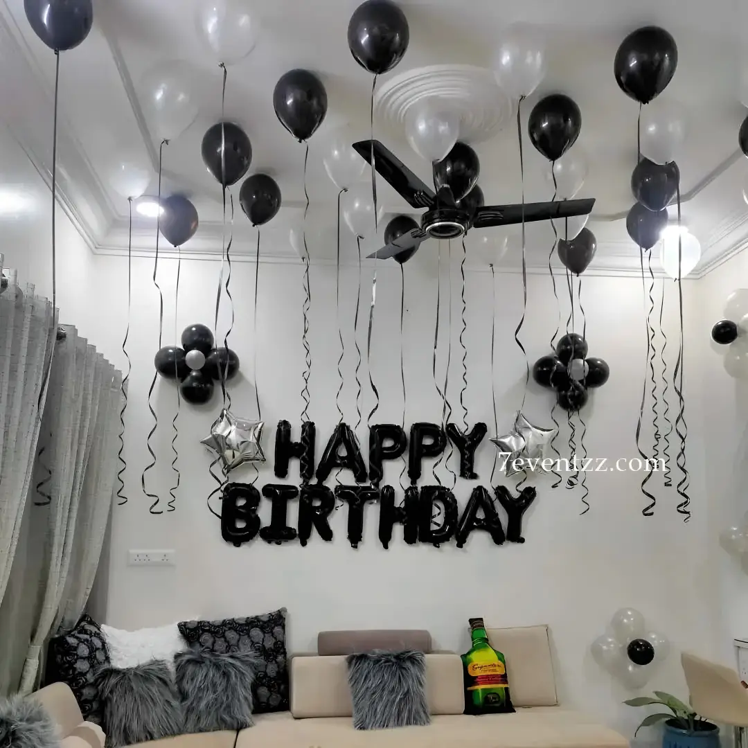 Simple Balloon Decoration for Birthday with 50 balloons on ceiling with ribbons — photo 2
