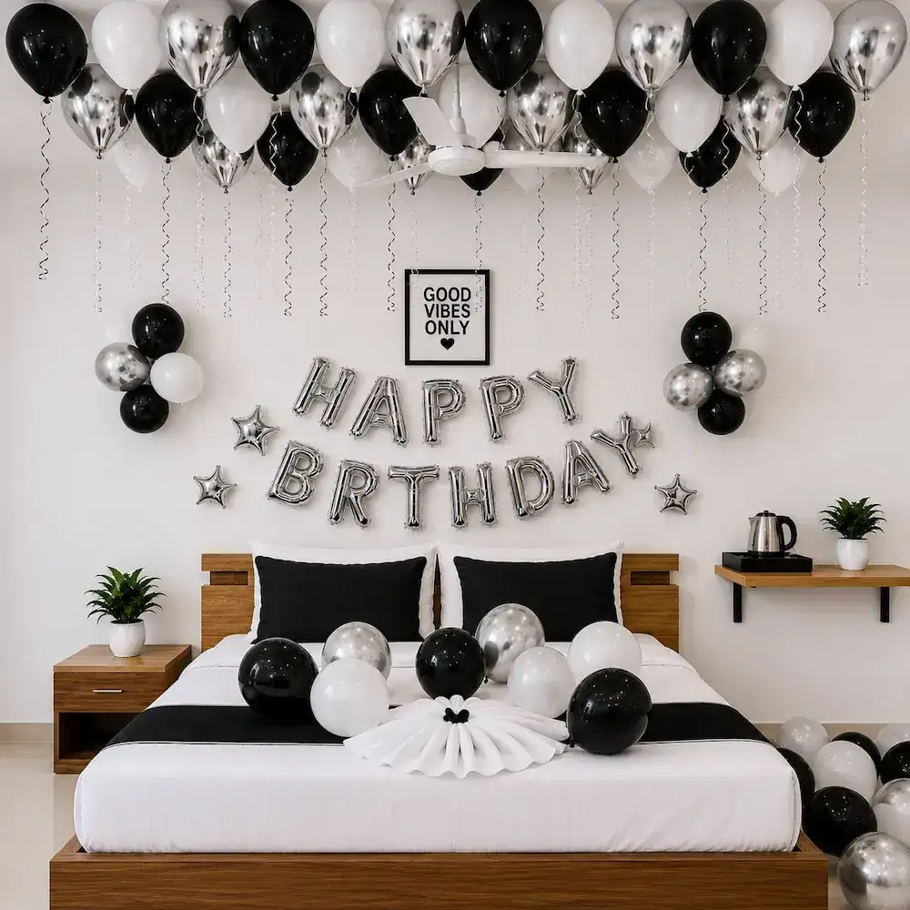 Simple Black and white Birthday Decoration with happy birthday letter foil — photo 2