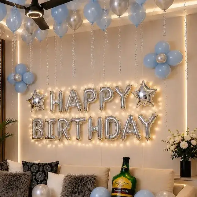 Simple Hall Decoration for Birthday with 50 balloons on ceiling with ribbons — photo 2