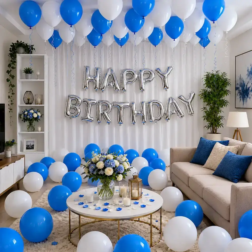 Simple Happy Birthday Room Decoration with 50 balloons on ceiling with ribbons — photo 3