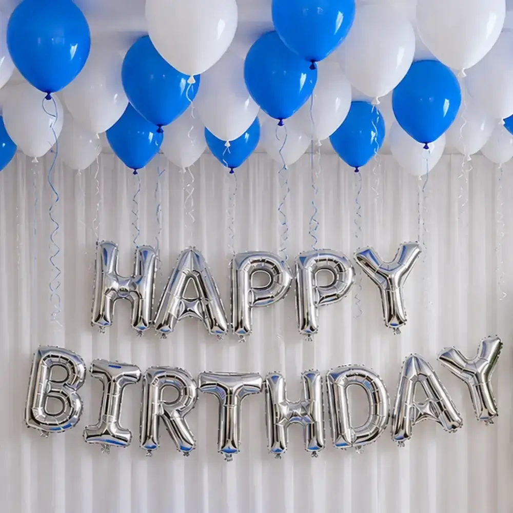 Simple Happy Birthday Room Decoration with 50 balloons on ceiling with ribbons — photo 2
