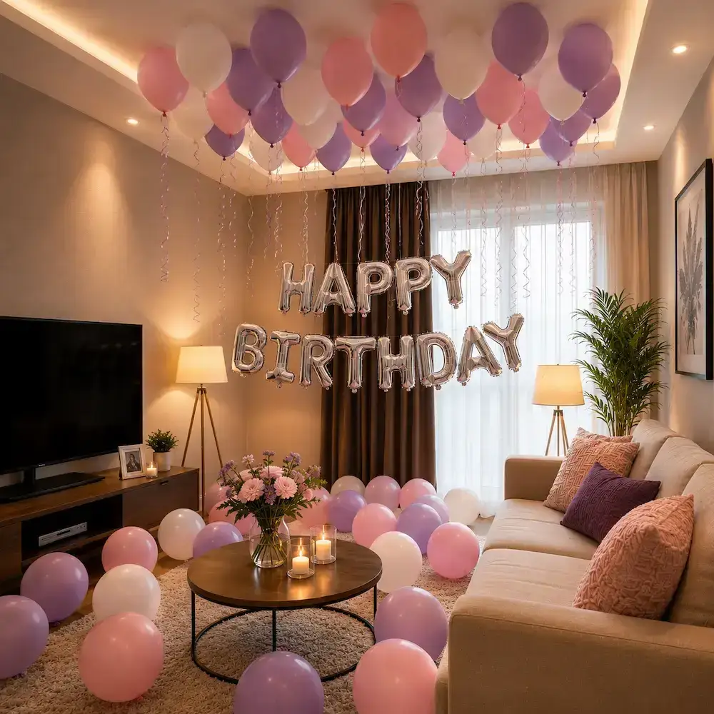 Simple Room Decoration for Birthday with 50 balloons on ceiling with ribbons — photo 2