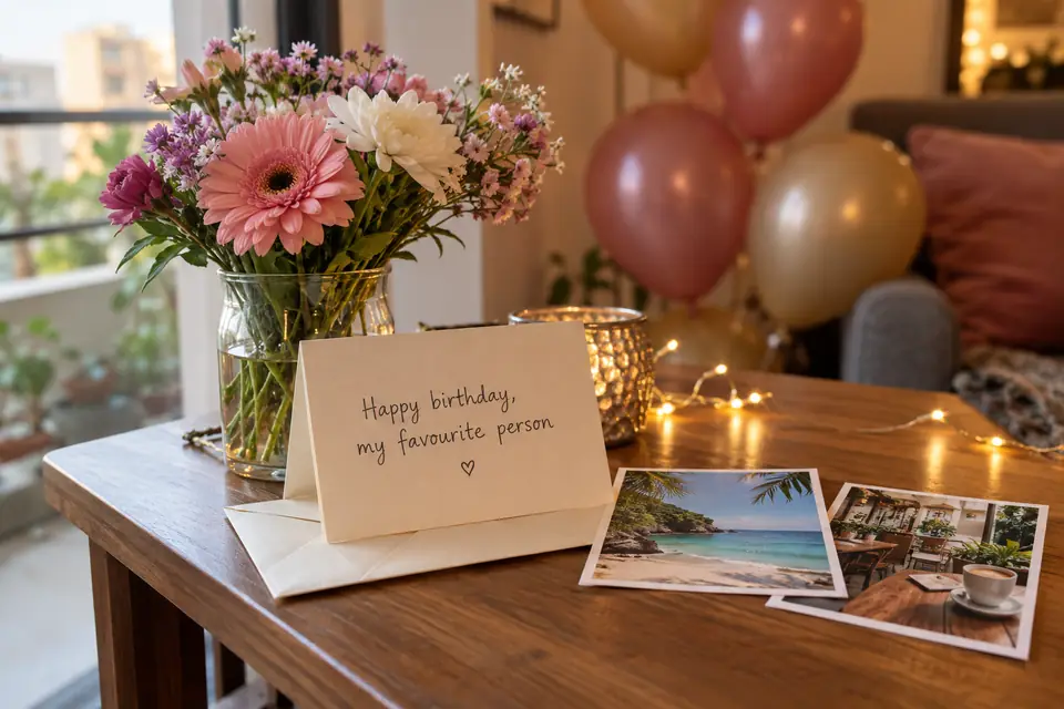 Illustrative birthday table with a handwritten card, travel photo prints, flowers and warm fairy lights