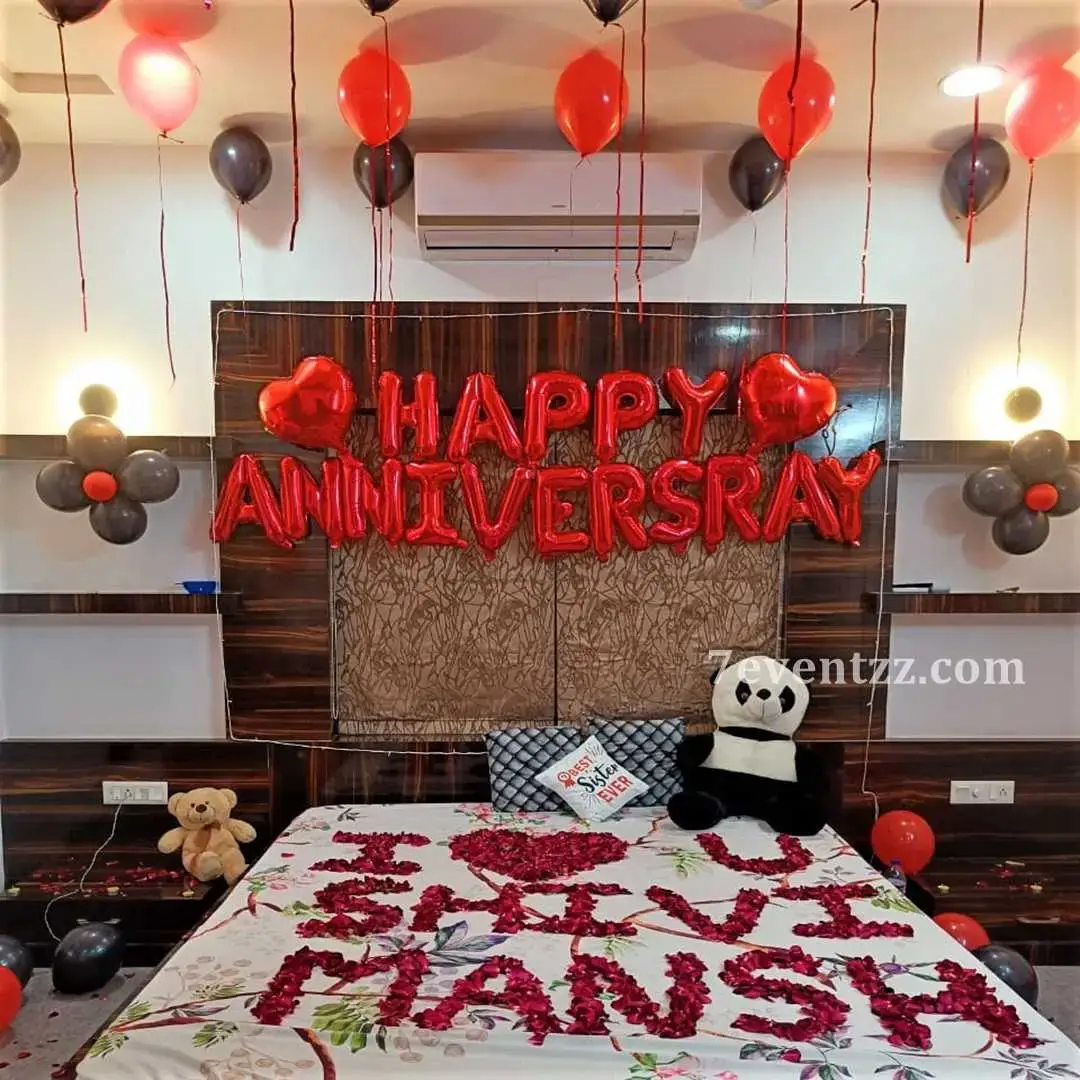 Happy Anniversary Room Decoration with 70-80 balloons on ceiliing — photo 3