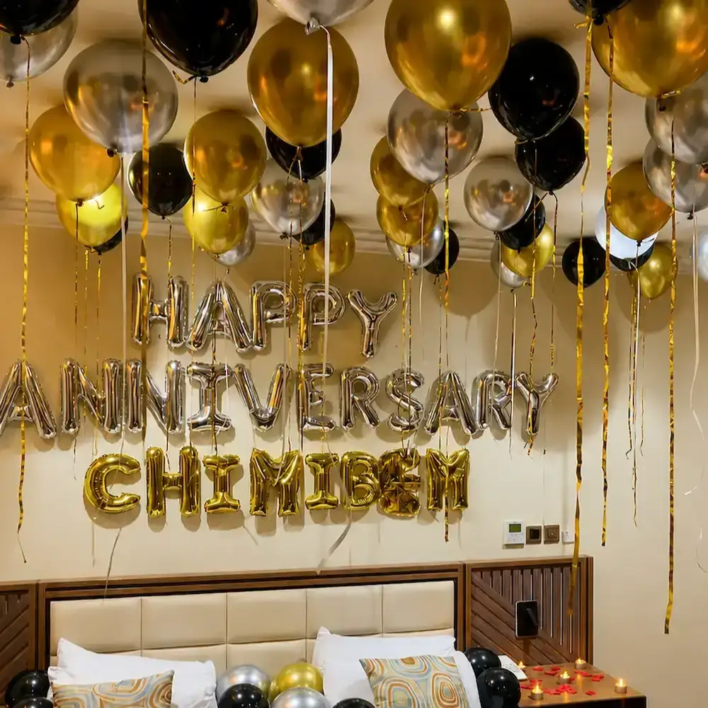 Romantic Anniversary Room Decoration with 50 balloons on ceiling — photo 3
