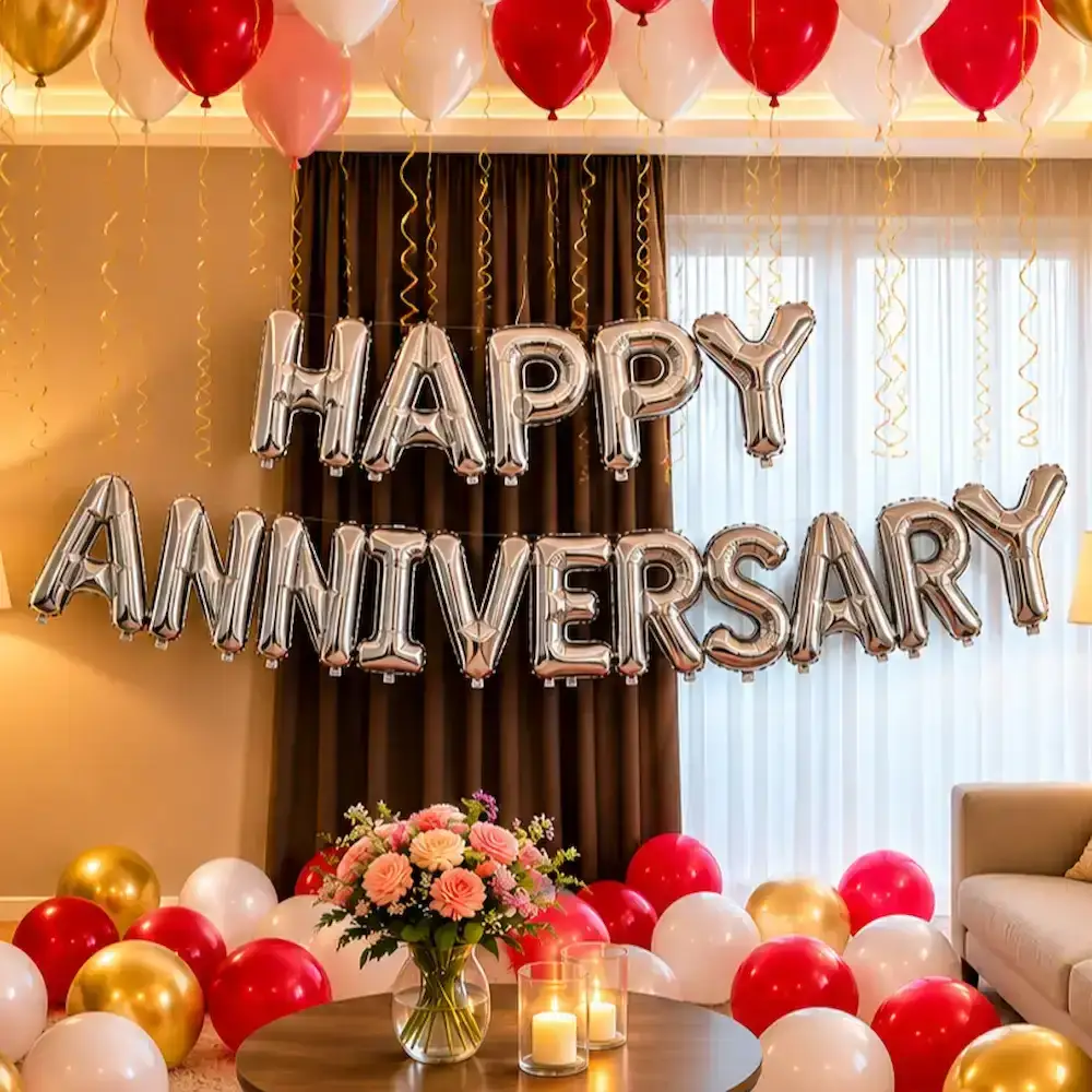 Simple Room Decoration For Anniversary with 50 balloons on ceiling with ribbons — photo 2