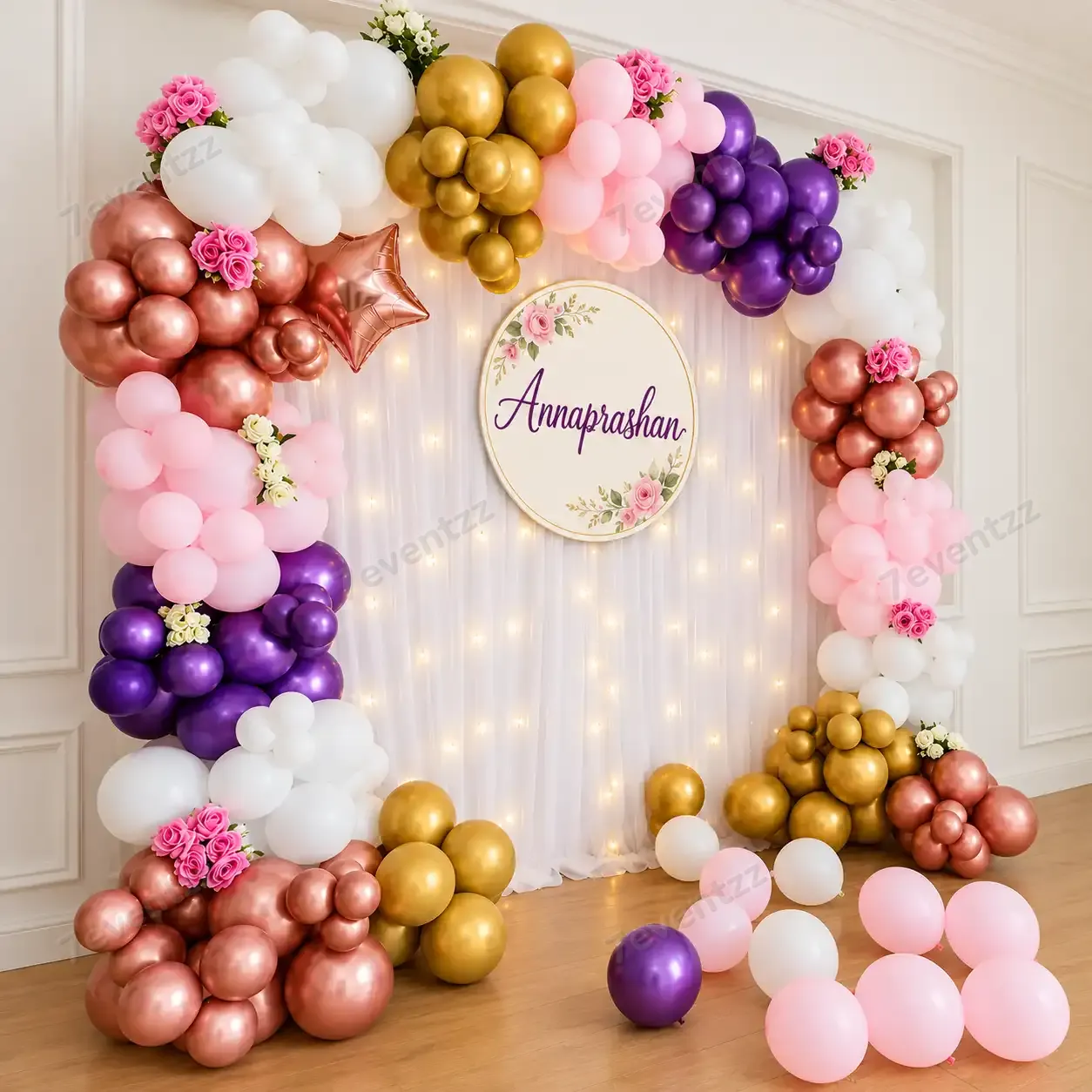 Annaprashan Hall Decoration for Ceremony with white backdrop with stand (8*8 feet) and fairy lights — photo 2