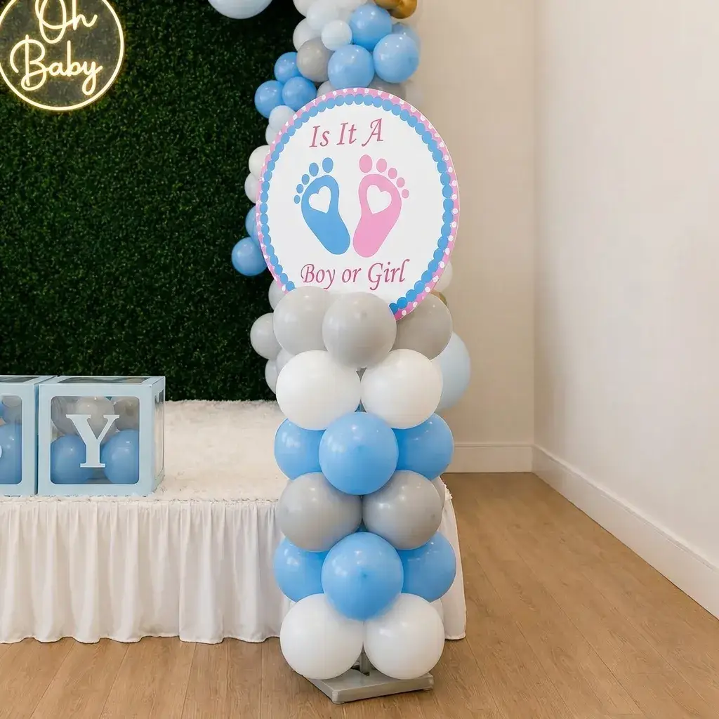 Godh Bharai Stage Setup Baby Shower decoration with green backdrop (8*8 feet) with oh baby neon light — photo 3