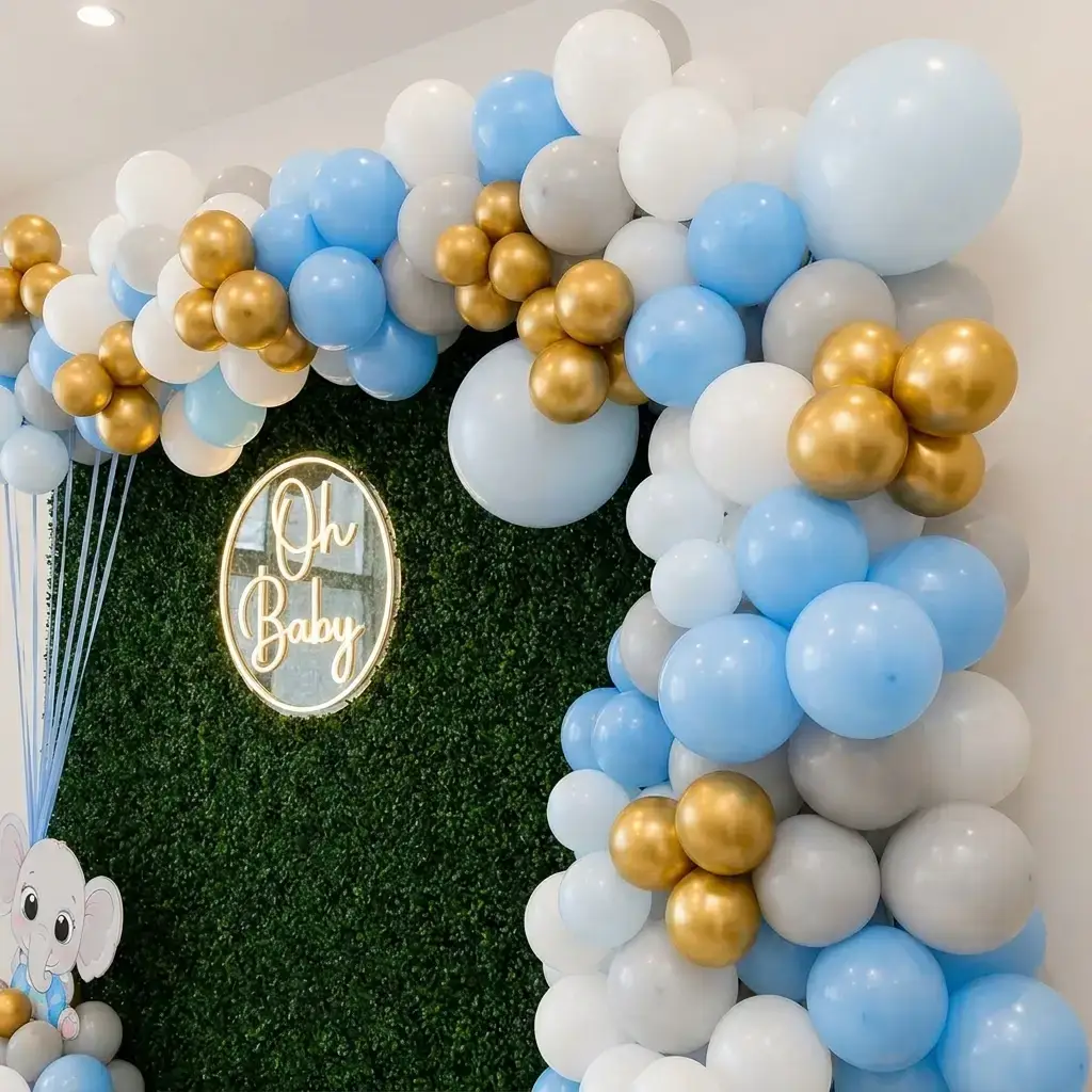 Godh Bharai Stage Setup Baby Shower decoration with green backdrop (8*8 feet) with oh baby neon light — photo 2