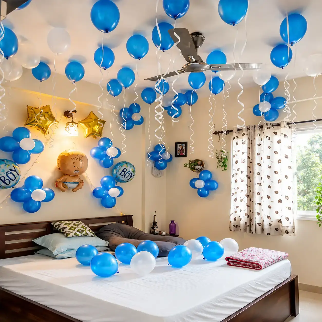 Its a Boy Room Decoration for Baby Welcome with balloon bunches all over the house of 100 balloons with hanging ribbons — photo 2