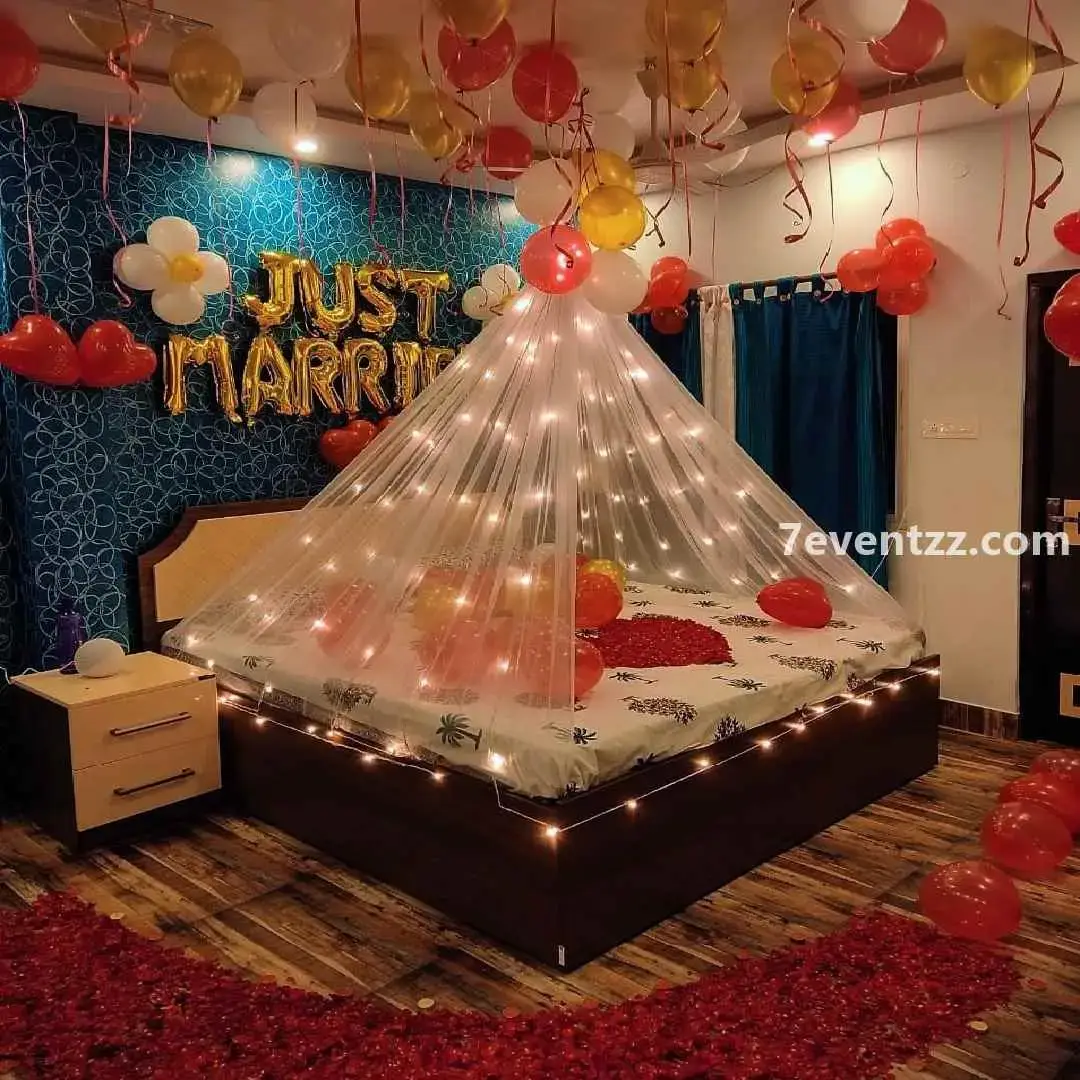 Just Married Balloon Decoration for First Night with cabana on bed with fairy lights — photo 2