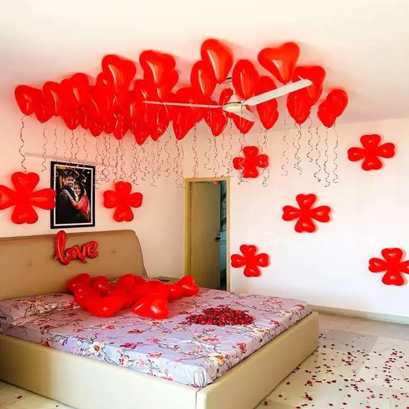 Love Room Wedding Decoration for First Night with 50 heart shape balloons in ceiling with hanging ribbons — photo 2