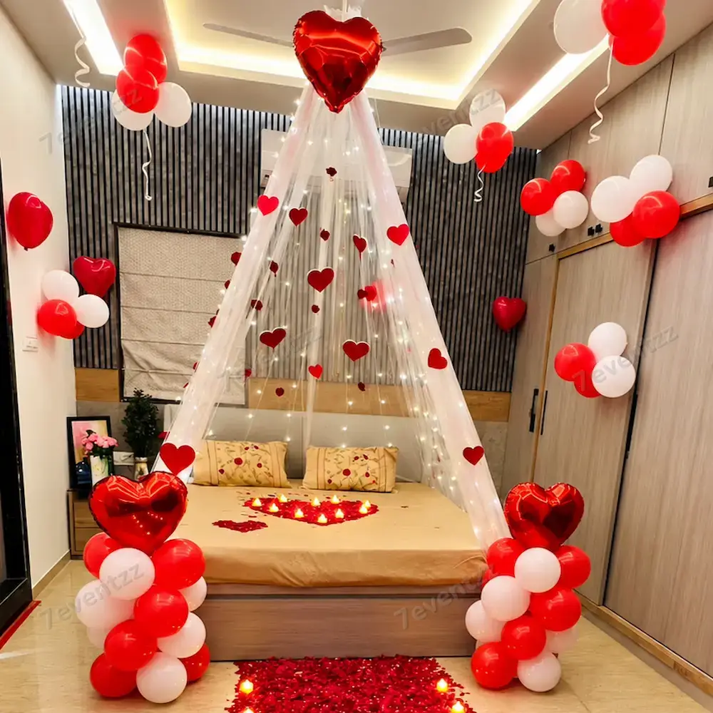 Premium Wedding First Night Decor with 2 heart foil on a balloon pillar of 25 balloons each — photo 3