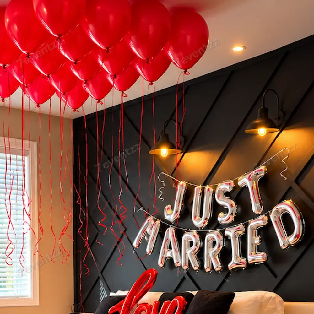 Romantic Couple Room Decor for First Night with 80 balloons on ceiling with hanging ribbons — photo 3