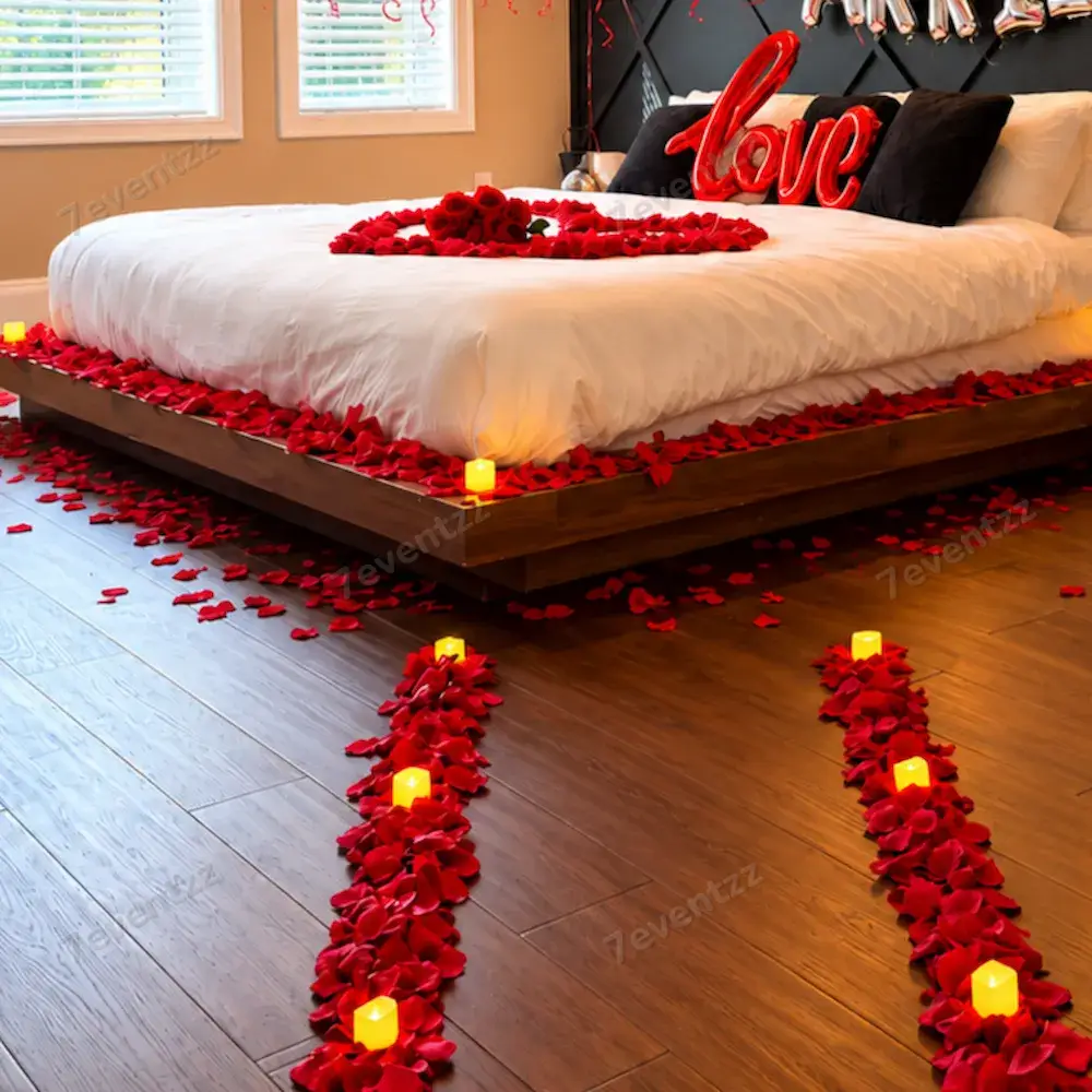 Romantic Couple Room Decor for First Night with 80 balloons on ceiling with hanging ribbons — photo 2