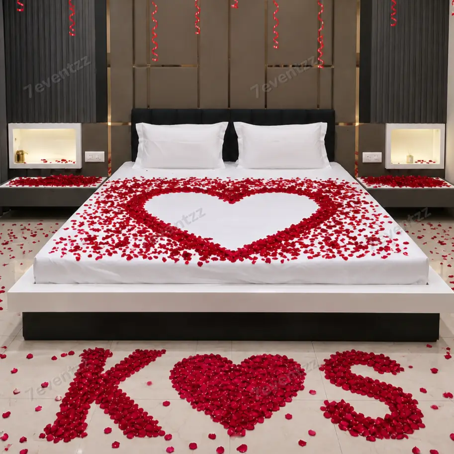 Rose Flower Bed Decoration for First Night with 10 heart foil balloon on celling — photo 2