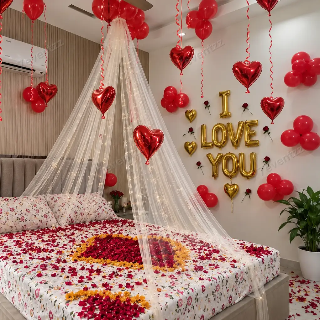 Wedding First Night Room Decoration with cabana on bed — photo 2