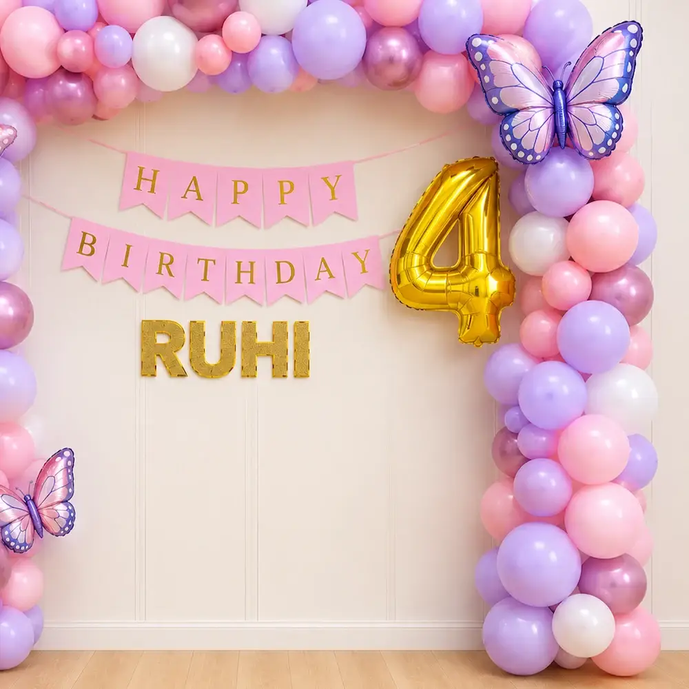 Butterfly Birthday Balloon Decoration at Home for Kids Theme with balloon arch of 180 balloons — photo 2