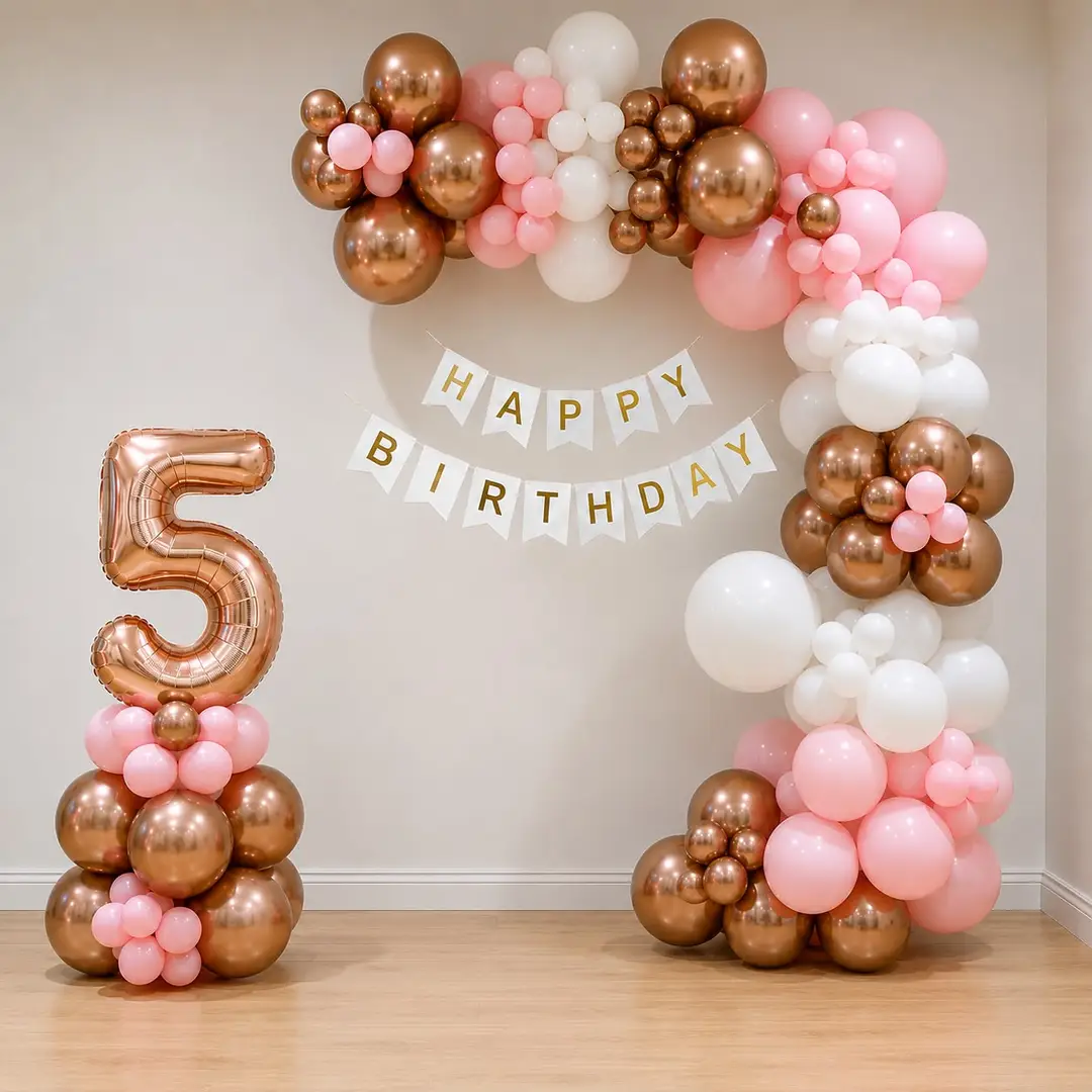 5th Birthday Party Balloon Decoration for Kids Theme with 180 balloons arch on wall