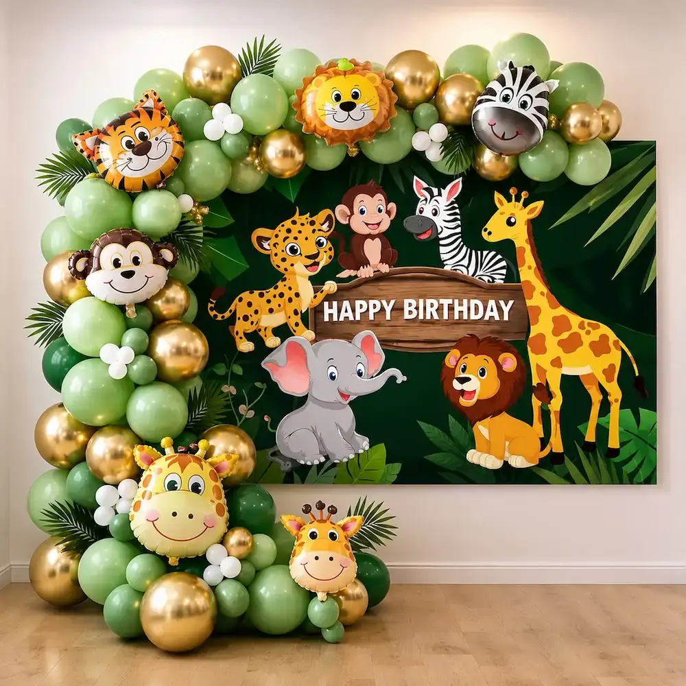 Jungle Theme Birthday Balloon Decoration for Kids Theme with 200 balloons arch
