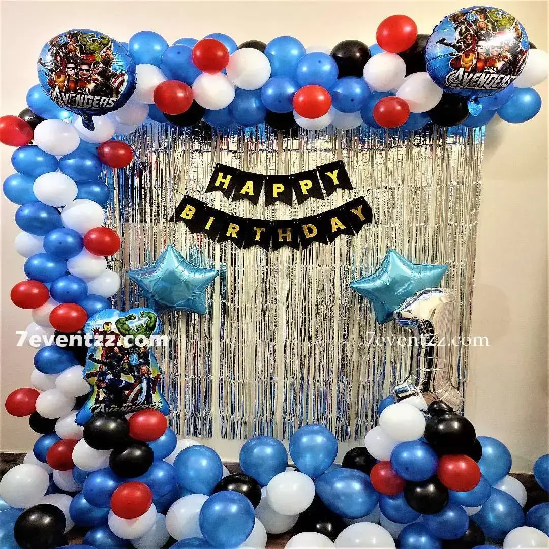 Avenger Theme Decoration for Kids Theme with balloon arch on backdrop with 150 balloons (70 pastel, 80 balloons) — photo 2