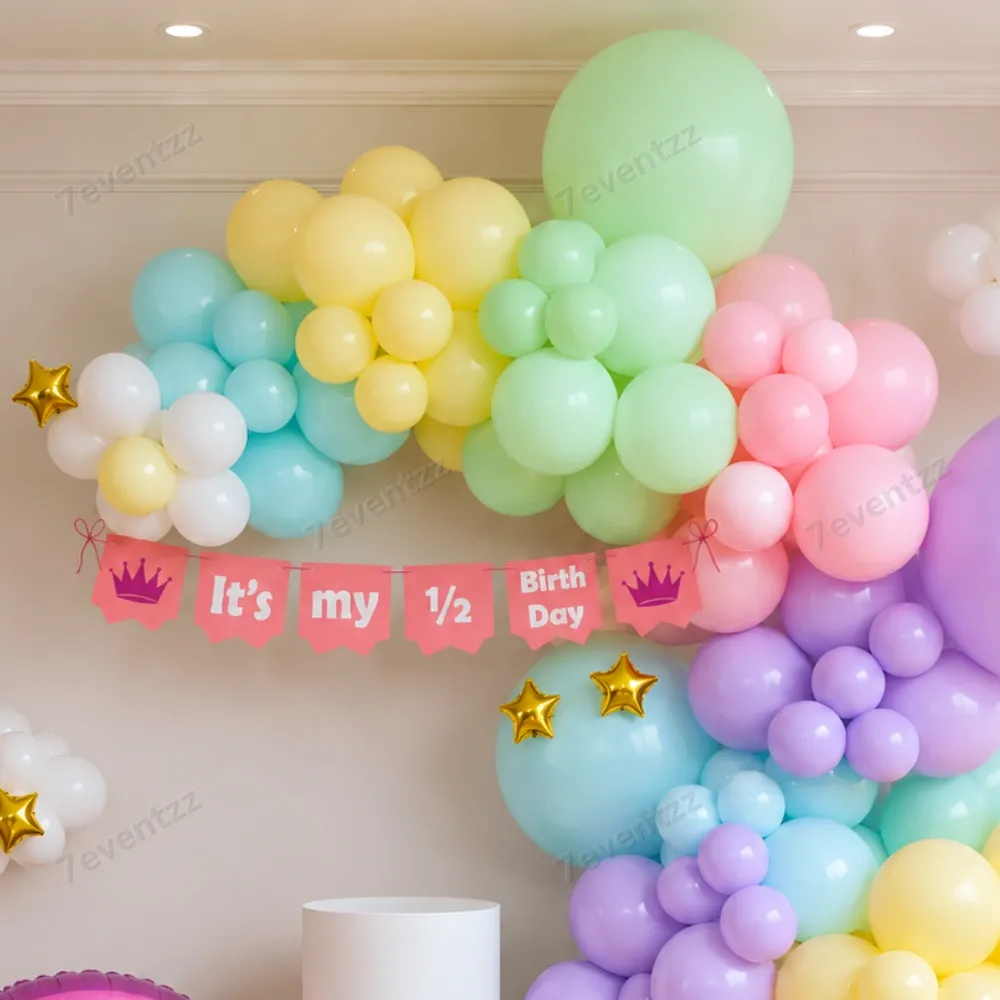 Baby Girl Half Birthday Kids Theme decoration with balloon arch of 180 balloons — photo 2