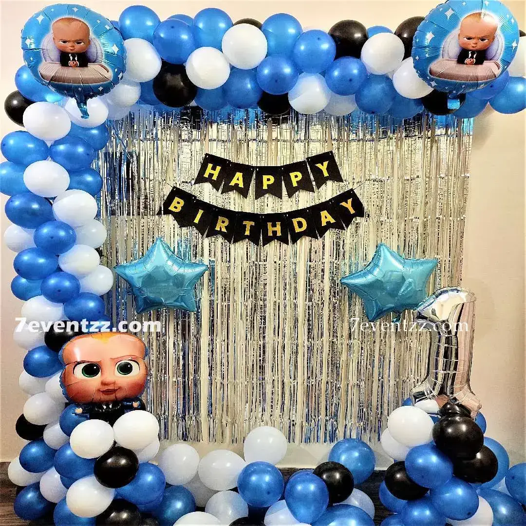 Boss Baby Decoration for Kids Theme with balloon arch on backdrop with 150 balloons (70 pastel, 80 balloons) — photo 2