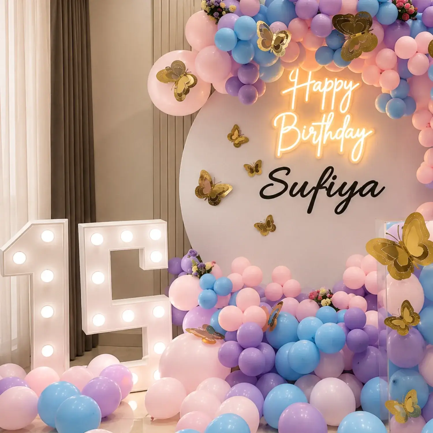 Butterfly Theme Decoration for Premium with customized round flex (7*7 feet) with happy birthday neon light — photo 2