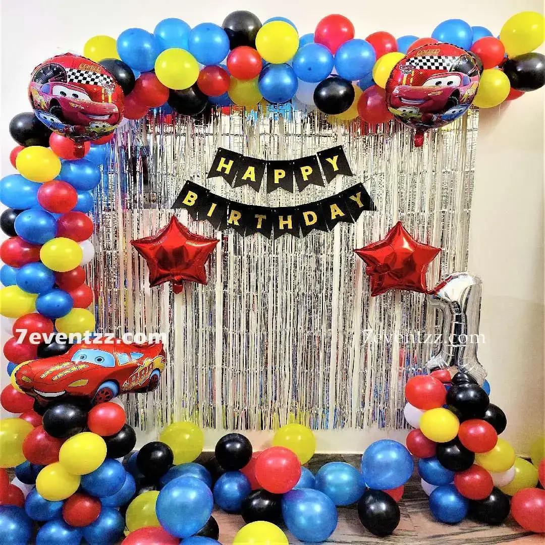 Car Theme Birthday Decoration for Kids Theme with balloon arch on wall with 150 balloons (70 pastel, 80 metallic balloons) — photo 2