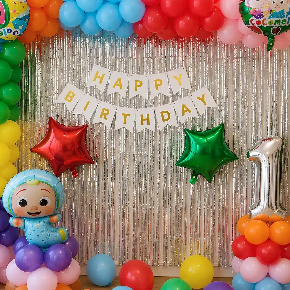 Cocomelon Decoration At Home for Kids Theme with balloon arch on backdrop with 150 balloons (70 pastel, 80 balloons) — photo 2