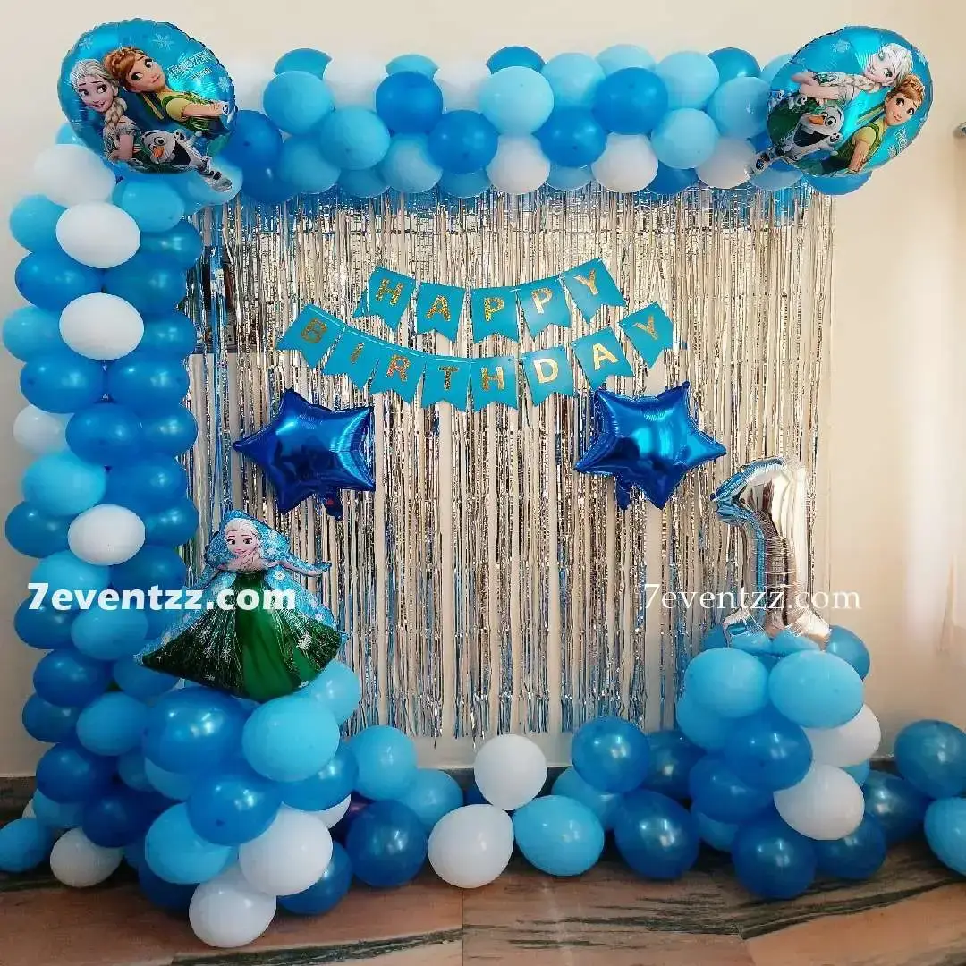 Frozen Theme Decoration for Kids Theme with balloon arch on backdrop with 150 balloons (70 pastel, 80 balloons) — photo 2
