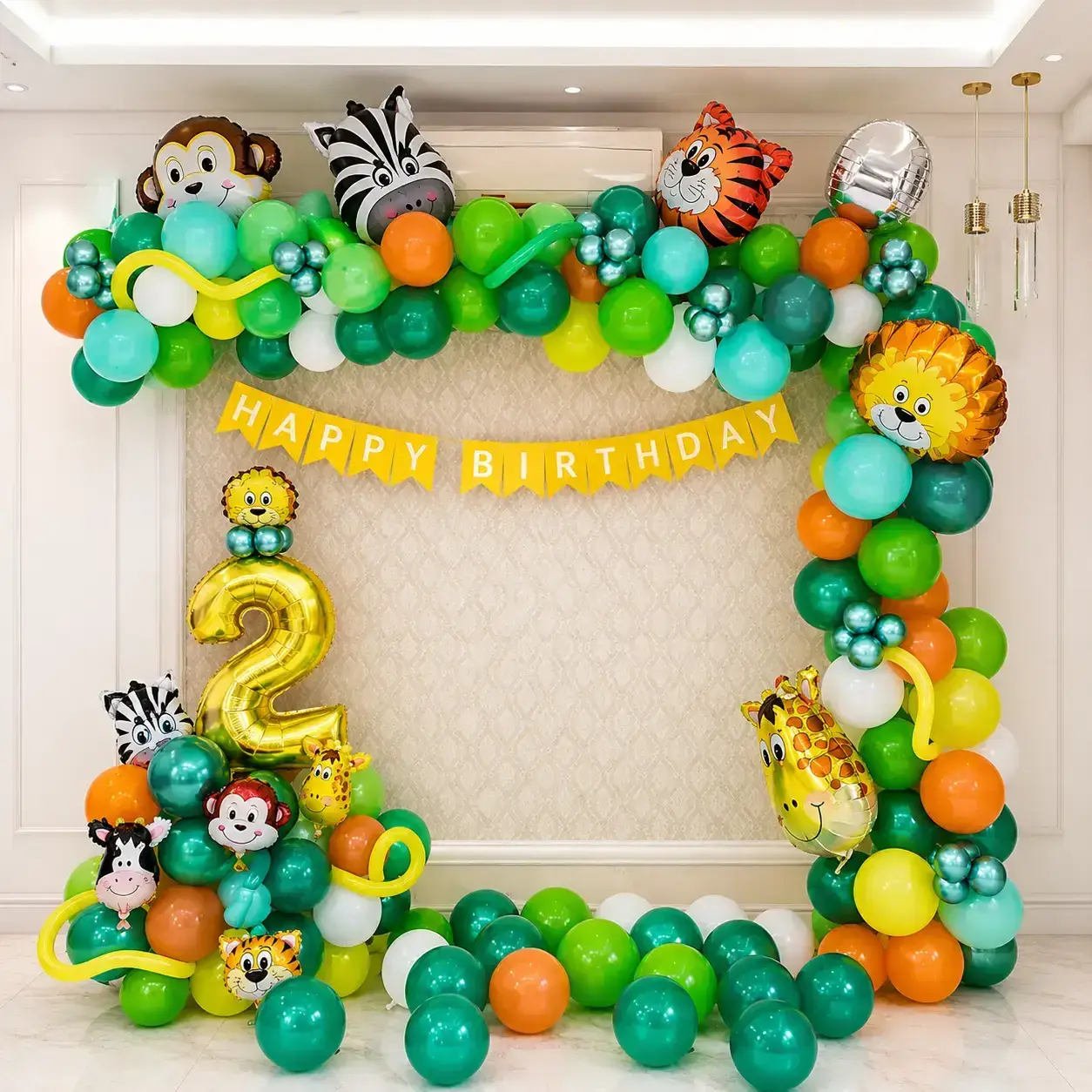 Jungle Theme Balloon Decoration for Kids Theme with balloon arch on backdrop with 180 balloons (160 metallic and pastel, 20 chrome balloons)