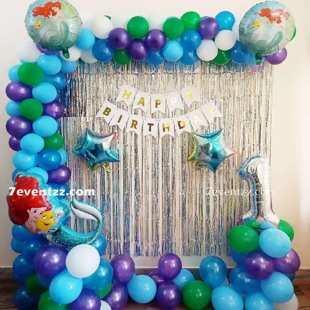 Mermaid Theme Decoration for Kids Theme with balloon arch on backdrop with 150 balloons (70 pastel, 80 balloons) — photo 2
