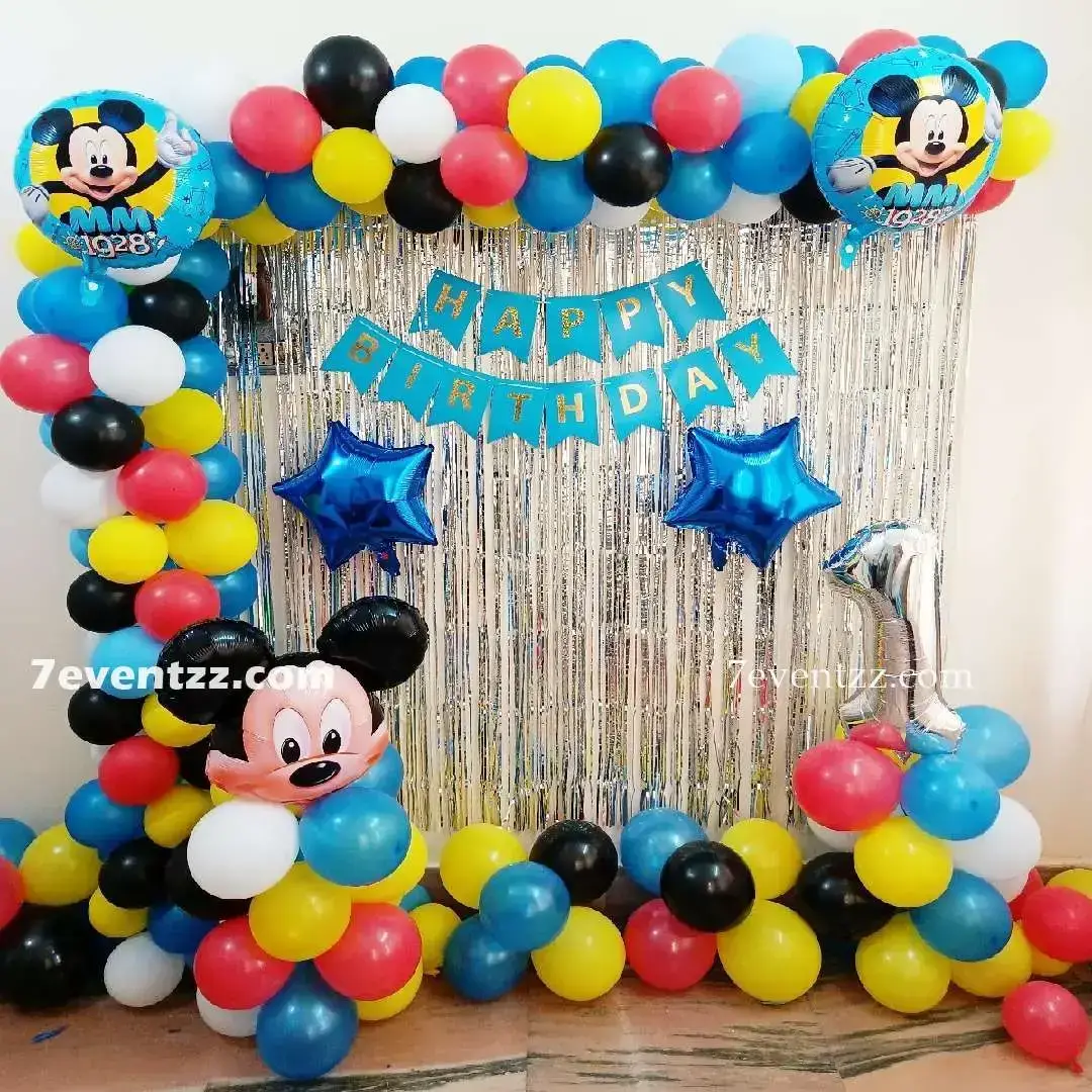 Mickey Mouse Decoration for Kids Theme with balloon arch on backdrop with 150 balloons (70 pastel, 80 balloons) — photo 2