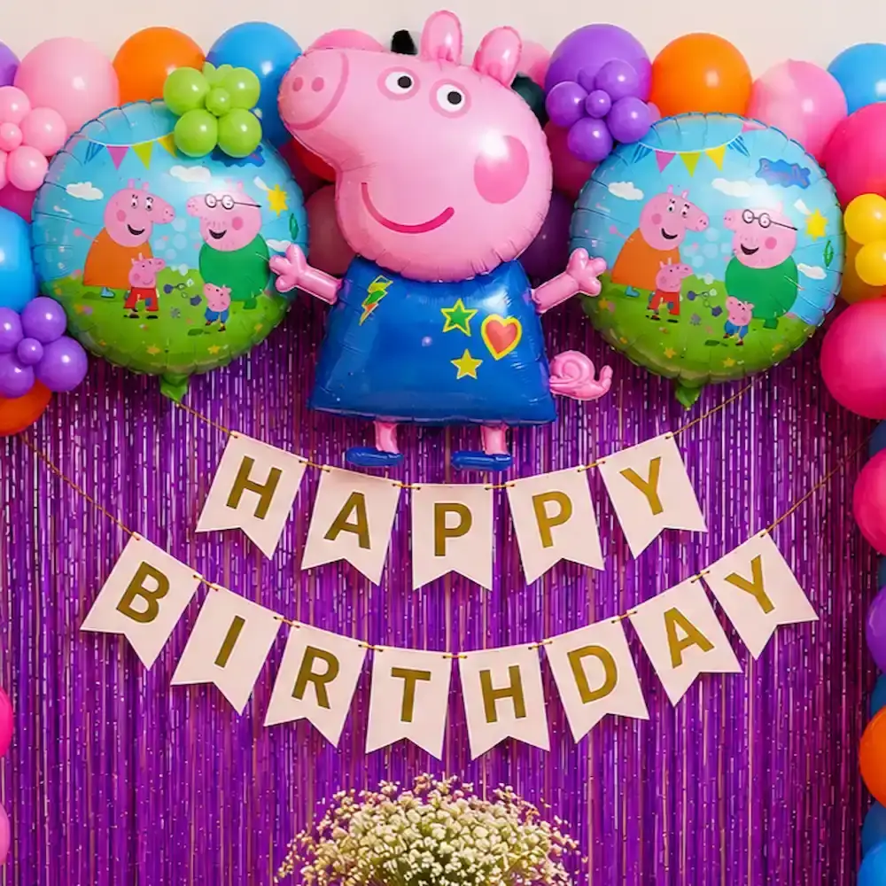 Peppa Pig Theme Birthday Decoration with Balloon Arch for Kids Theme with 2 frill curtains on wall — photo 2