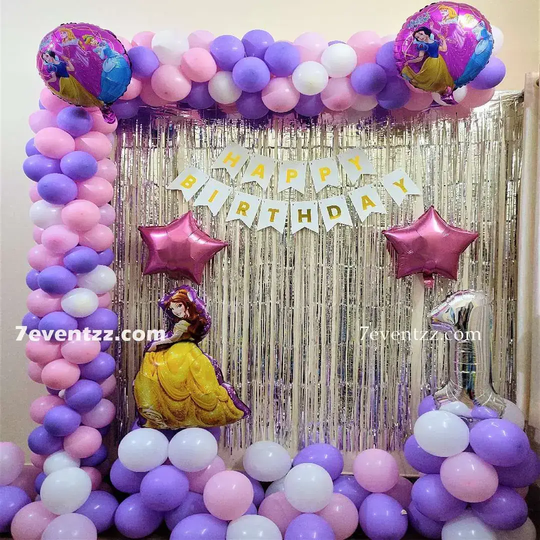 Princess Theme Birthday Decor for Kids Theme with balloon arch on backdrop with 150 balloons (70 pastel, 80 balloons) — photo 2