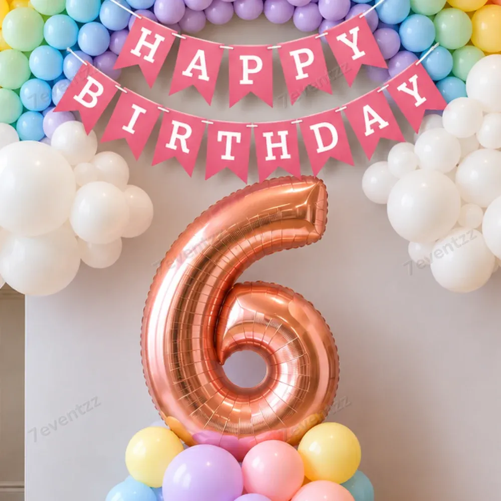 Rainbow Birthday Decoration for Kids Theme with age foil on balloon pillar contain 20 balloons — photo 2