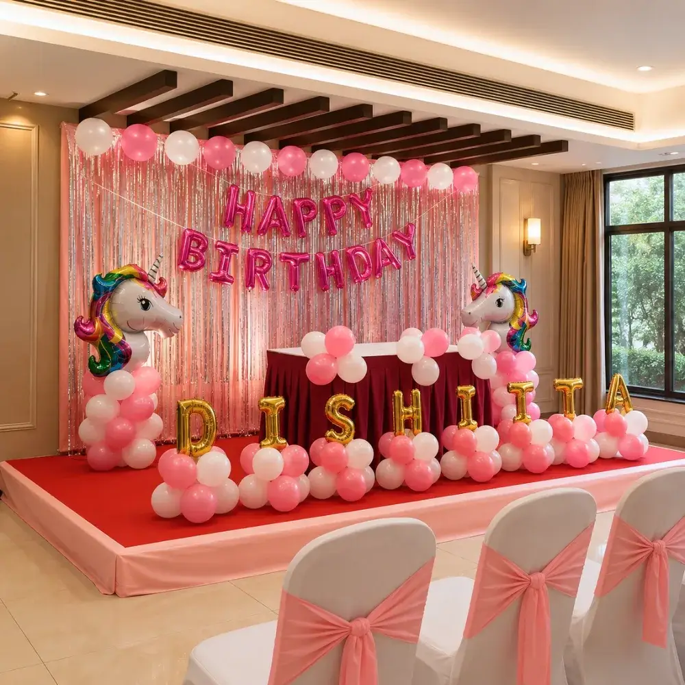 Simple Unicorn Stage Decoration with 4 frill curtains on wall — photo 2