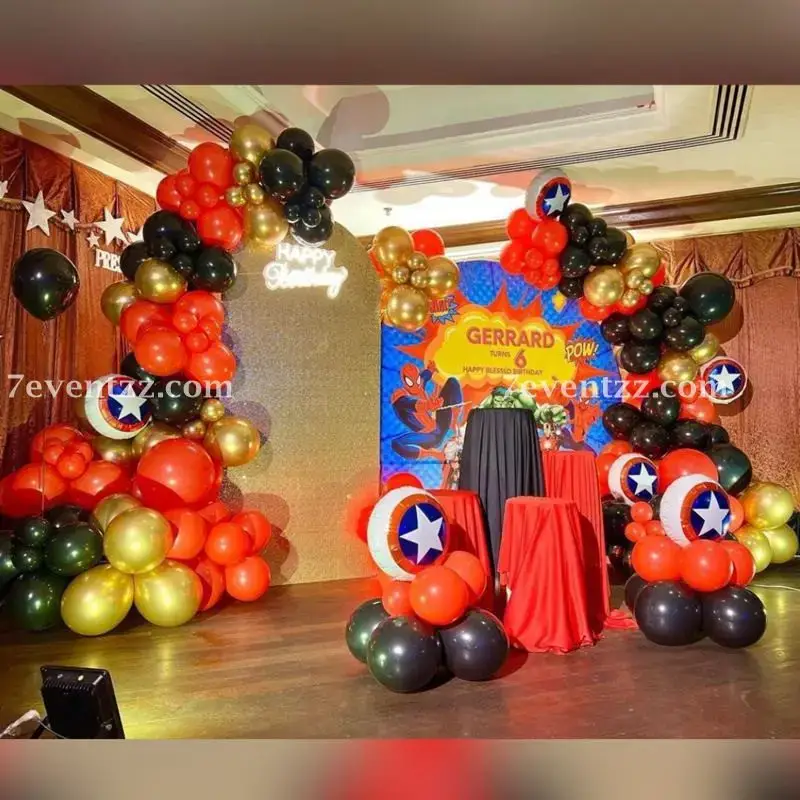 Superhero Backdrop Stage Setup with customized backdrop with stand (7 feet height *12 feet width) with happy birthday neon light — photo 2