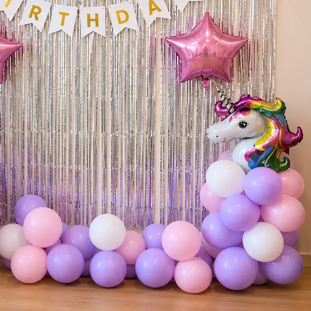 Unicorn Theme Decoration for Birthday for Kids Theme with balloon arch on backdrop with 150 balloons (70 pastel, 80 balloons) — photo 2