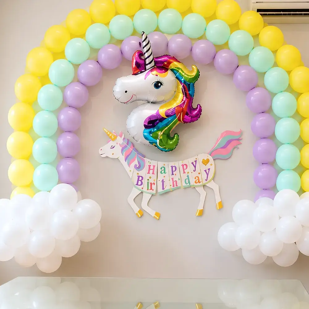 Unicorn Theme Hall Decoration for Kids Theme with clouds & rainbow wall décor of approximately 100 pastel balloons — photo 2